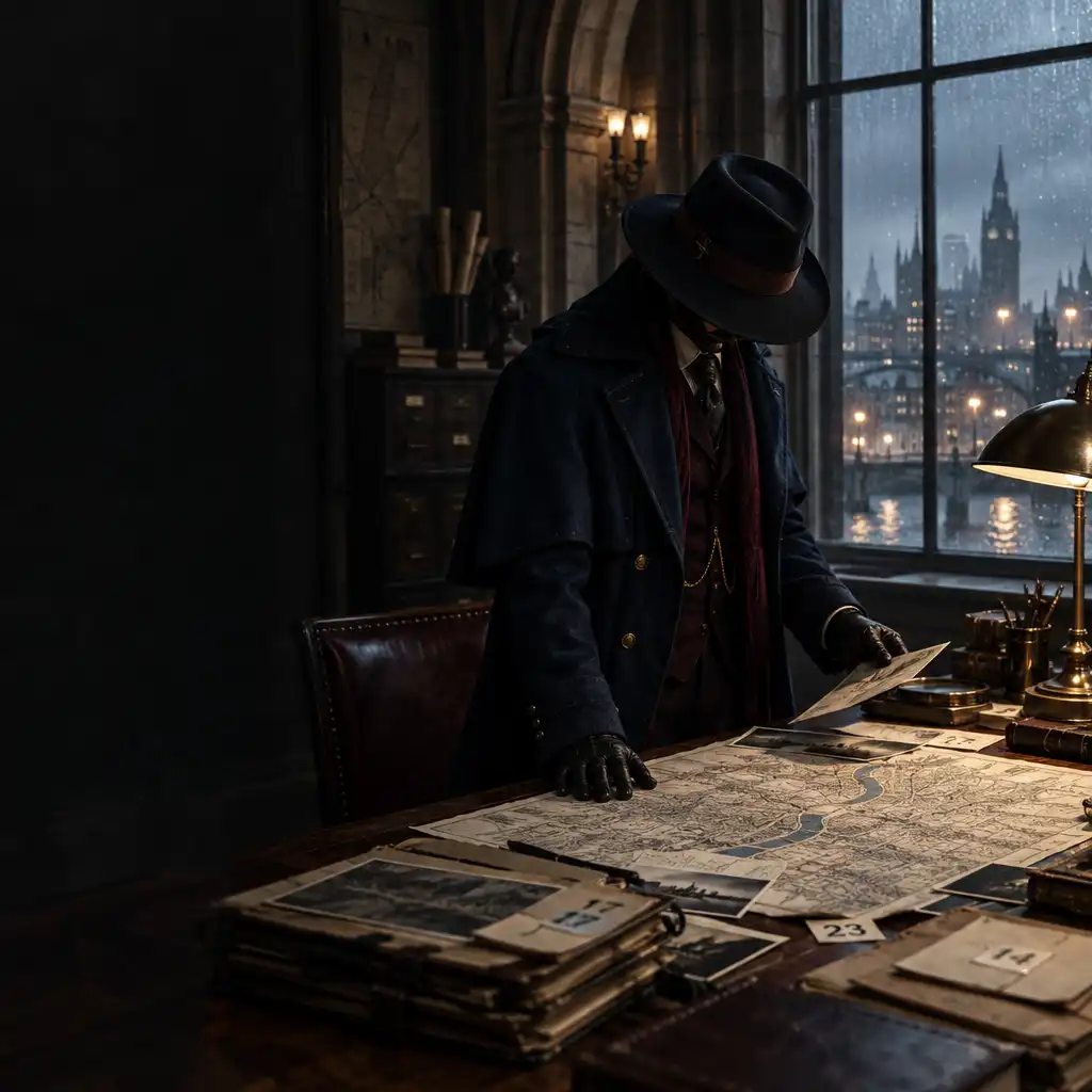 Ilustração editorial de uma figura investigadora junto a uma mesa de arquivos e mapas em uma cidade urbana fictícia.