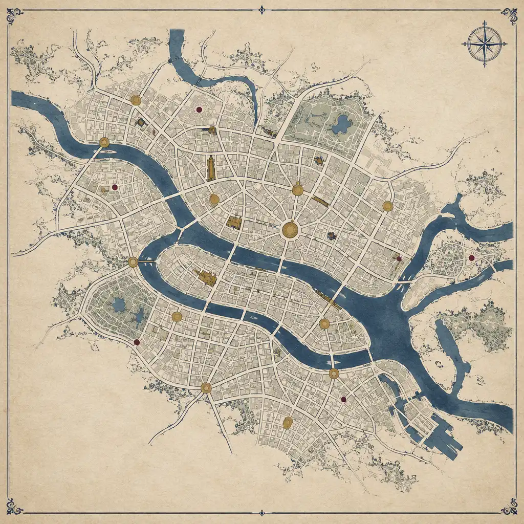 Mapa editorial abstrato de uma cidade fictícia em papel claro, com vias sem nomes, linhas azuis e marcadores numerados.