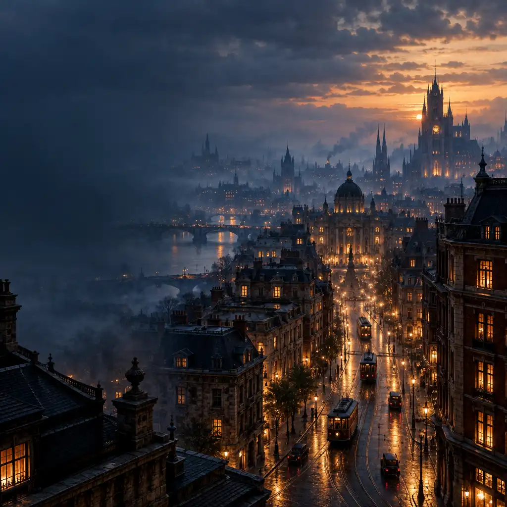Ilustração editorial panorâmica de uma cidade urbana fictícia ao entardecer, com ruas e edifícios vistos de um ponto elevado.